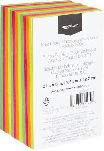 Vista 2 de Amazon Basics Tarjetas de índice rayadas para estudiar y tomar notas, colores neón surtidos, 3 x 5 pulgadas, 300