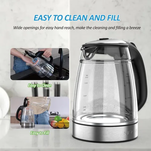 Vista 8 de NISVITU Hervidor eléctrico inalámbrico de vidrio y acero inoxidable para hervir agua, hervidor de agua caliente Hervidor eléctrico de té con apagado