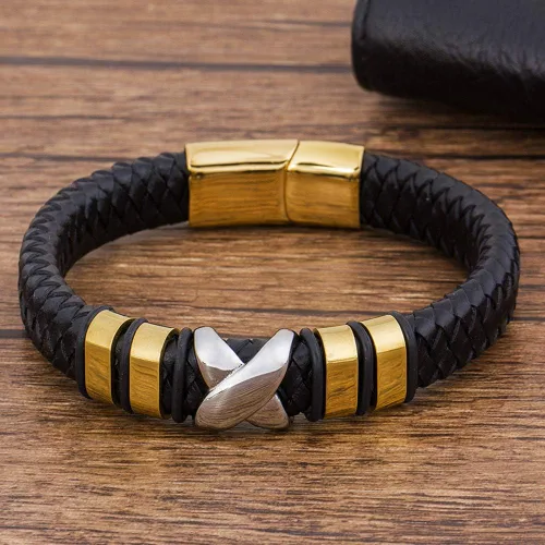 Vista 3 de TTNDstore 10081 - Pulsera de cuero genuino para hombre color dorado trenzado accesorios