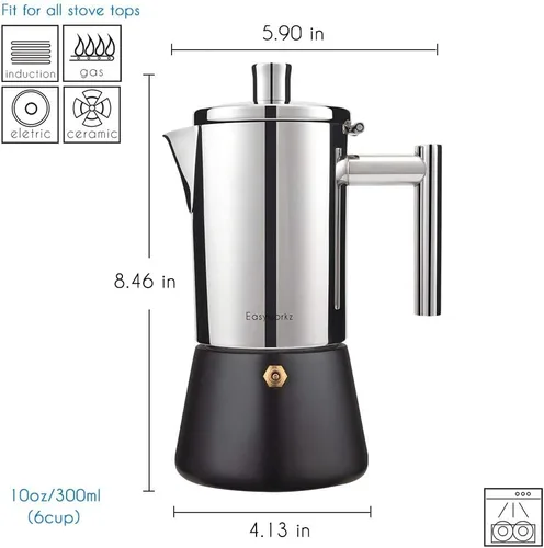Vista 3 de Easyworkz Diego - Cafetera de café expreso de acero inoxidable de 6 tazas de 10 onzas, con cuchara de café retro de acero inoxidable con mango