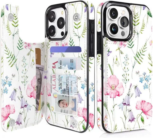 Vista 23 de uCOLOR - Funda tipo cartera para iPhone 15 con tarjetero y diseño de lunares con leche de almendra Bloqueo RFID de piel sintética para mujeres