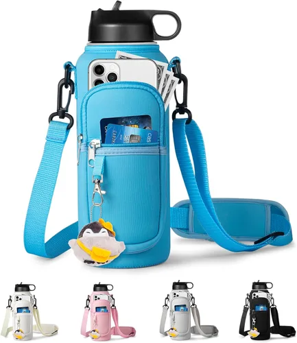 Vista 13 de RRegeny Soporte para botella de agua con correa para Hydroflask de 32 oz 40 onzas, bolsa de transporte con bolsillo para teléfono, funda para Negro