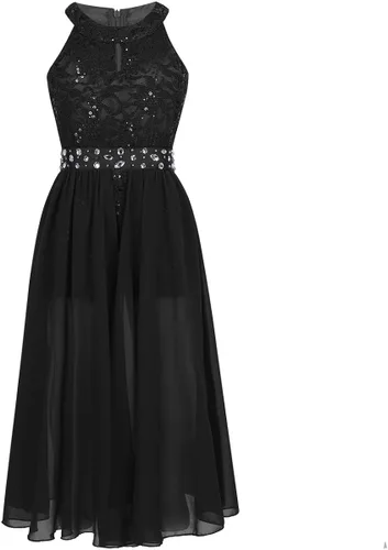 Vista 2 de Daenrui Vestido largo de encaje floral para niñas y niñas, con cuello halter, para baile de boda, fiesta de baile
