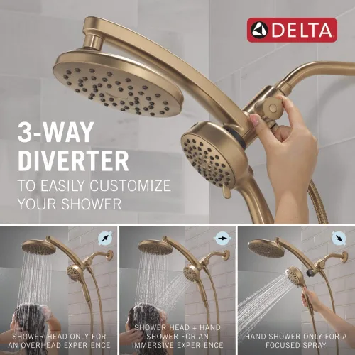 Vista 5 de Delta Cabezal de Ducha Combinado PivotPro 3 en 1 de 6 Ajustes con Rociador ProClean, Cabezal de Ducha Redondo Dorado Cepillado Tipo Lluvia
