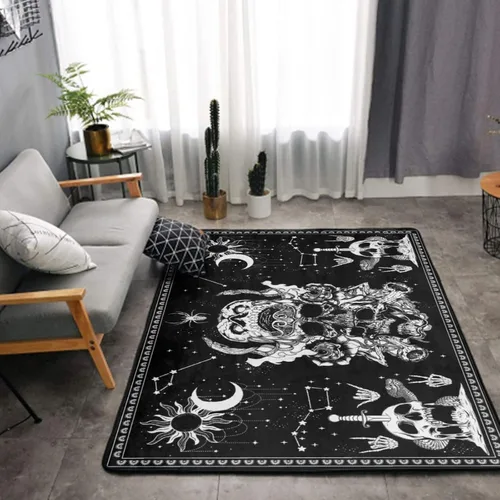 Vista 5 de Alfombra decorativa para interiores y exteriores, 60 x 39 pulgadas (diseño de calavera blanca y negra, polilla, esqueleto, mandala, luna, estrella)