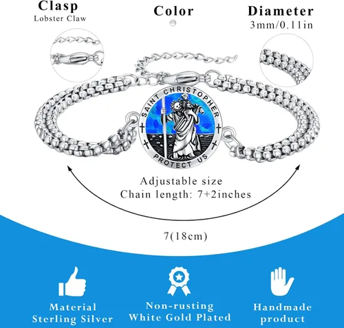 Vista 23 de Pulsera unisex de San Miguel/Cristóbal/Benedicto/Jude/José/Guadalupe/Ángel de la Guarda/Santa Muerte Pulsera de plata de ley 925 con cadena de doble