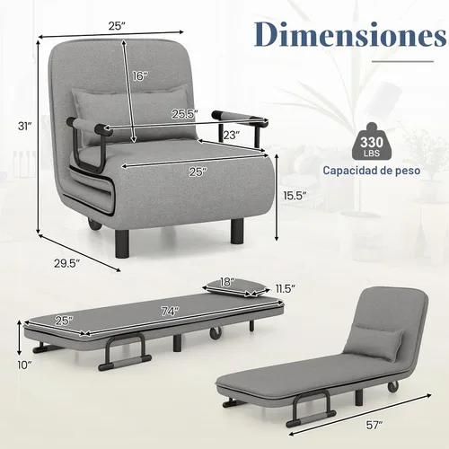 Vista 3 de GIANTEX - Sofá cama convertible 3 en 1 con respaldo ajustable de 5 posiciones, ruedas, 2 patas, tumbona reclinable con almohada, sillones