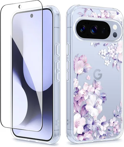 Vista 31 de GVIEWIN Funda para Google Pixel 10a con protector de pantalla, protección contra caídas de grado militar, no amarillenta, transparente, floral