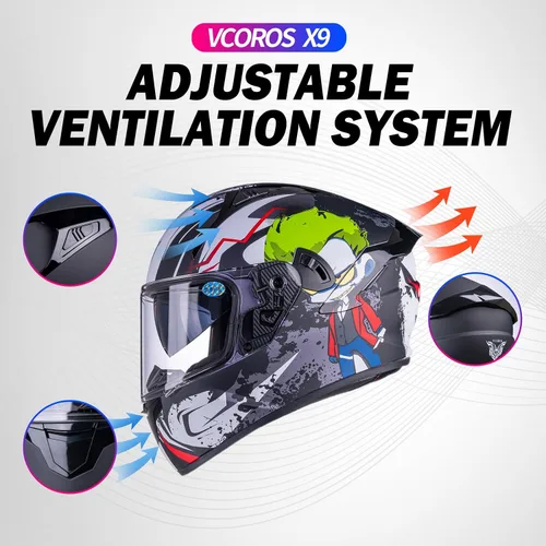 Vista 8 de VCOROS Casco integral de doble visera para motocicleta para adultos, Casco de moto de calle y carrera X9 aprobado por DOT con visera negra
