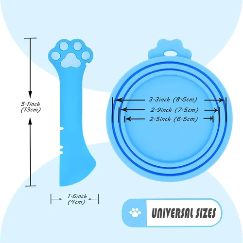 Vista 5 de Abrelatas para mascotas y 3 tapas para latas de comida para gatos, fundas universales de silicona sin BPA y cuchara multifunción para alimentos