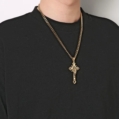 Vista 2 de HZMAN Religión Acero Inoxidable Saint St. Benedict Crucifijo Cruz Colgante Collar INRI