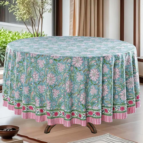 Vista 17 de Mantel redondo con estampado de bloque a mano, 100% algodón, reutilizable, color verde espárragos, 60 pulgadas, mantel decorativo para uso diario
