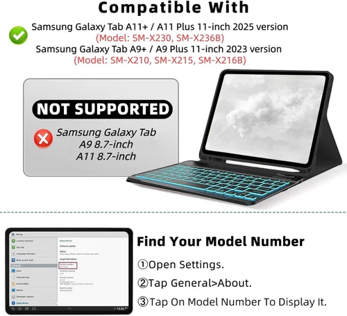Vista 2 de Funda con teclado Bxomteng para Samsung Galaxy Tab A9+ / A9 Plus de 11 pulgadas - Funda con teclado retroiluminado de 7 colores y ratón (Negro)