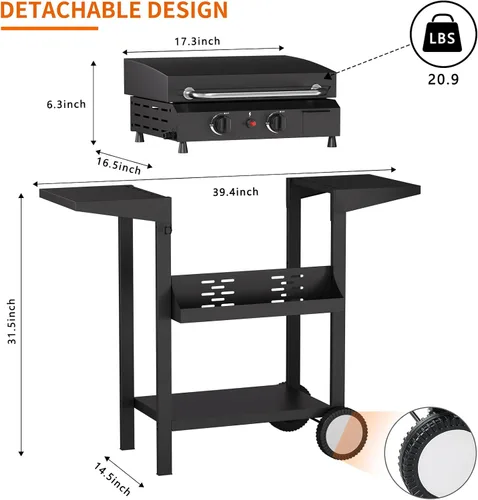 Vista 8 de Plancha de gas para barbacoa de 2 quemadores, 25.6 pulgadas