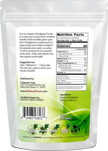 Vista 2 de Z Natural Foods Polvo de pasto de trigo orgánico, polvo de superalimento verde para batidos, jugos, batidos y recetas, polvo rico en nutrientes
