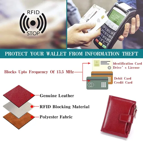 Vista 6 de FALAN MULE - Cartera de cuero auténtico para mujer, pequeña, plegable y compacta, con bloqueo de interferencia de radiofrecuencia (RFID)