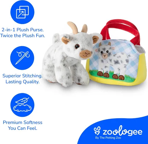 Vista 4 de The Petting Zoo Juego de peluche y bolso de cabra, regalos para niños, juguete de animales de vida silvestre, juguete de peluche de cabra blanca