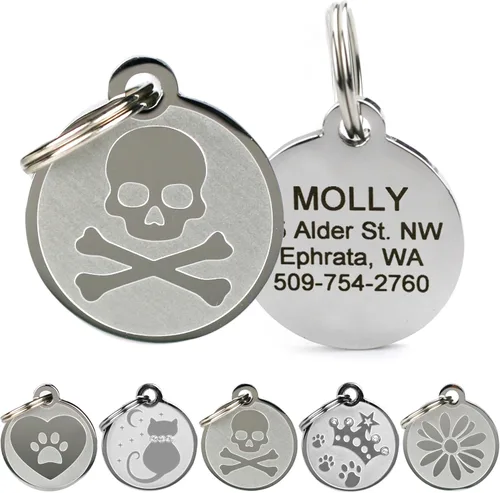 Vista 12 de Placas personalizables para mascotas, de acero inoxidable, para perros y gatos. Grabado personalizable con cuatro líneas de texto, elegante