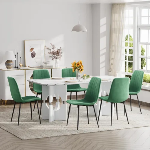 Vista 10 de Moderno juego de mesa rectangular para 4, mesa grande de mármol sintético gris de 71 pulgadas con base de metal con marco hueco, y 4 sillas