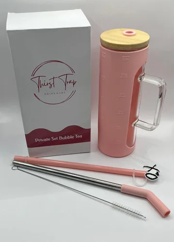 Vista 6 de Vaso de vidrio de 20 onzas con asa, taza de batido de café Boba con tapa de bambú, funda protectora de silicona, sin BPA (negro)