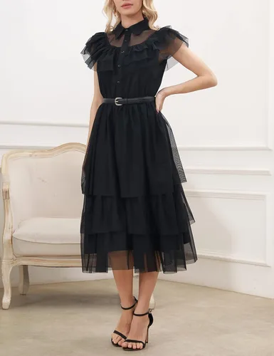 Vista 5 de Aphratti Vestido ajustado y acampanado para mujer, lindo vestido negro de bruja gótica con cuello de Peter Pan