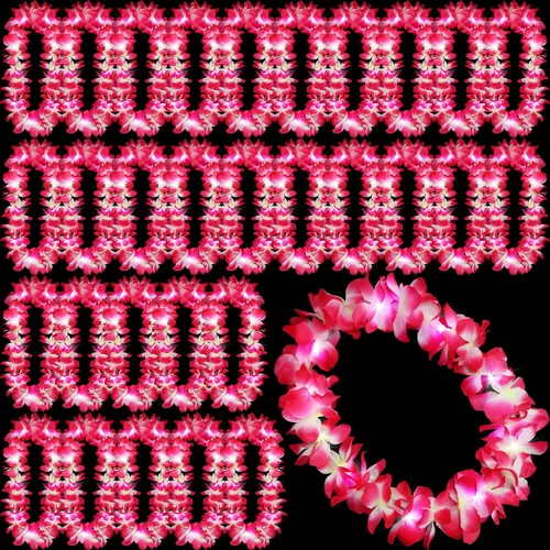 Vista 14 de Sherr 24 piezas de collares de flores hawaianas con luces LED para boda, luces LED para luau, collares de flores hawaianas para playa, carnaval