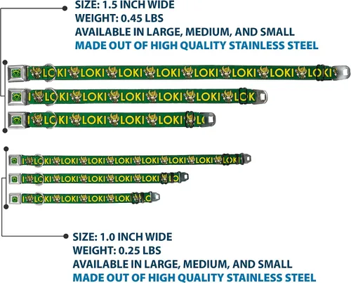 Vista 3 de Buckle-Down Collar de perro hebilla kawaii Loki pie pose texto verde amarillo multicolor, 1 pulgada de ancho - se adapta a cuello de 9-15 pulgadas