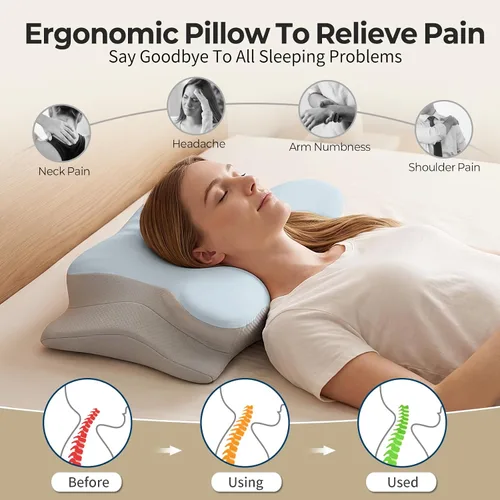 Vista 8 de Ylekto Almohada cervical para el cuello para aliviar el dolor, almohadas de Azul & gris