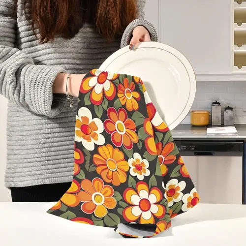 Vista 6 de GAIREG Orange Retro Hippie Flowers Drying Dish Towels for Kitchen, 28x18 Inch Decorative Rags for Kitchen
