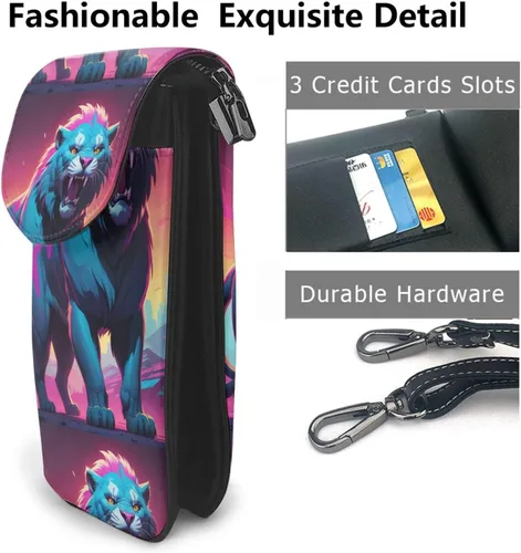 Vista 2 de Synthwave Sabertooth Pattern Leather Crossbody Flap Phone Bag - Versatile Gift for Women Walking, Camping, Shopping, and Travel