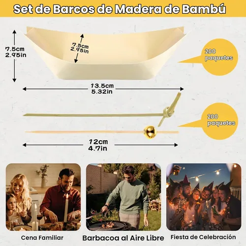 Vista 2 de Amyhill Juego de 400 platos desechables de bambú de madera para sushi barco de bambú incluye 200 platos de aperitivo de 5 pulgadas, bandeja