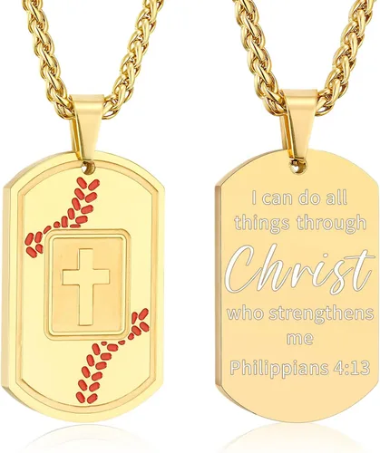 Vista 27 de Collar de cruz con versículo bíblico de béisbol, acero inoxidable, dije de cruz en tono negro/dorado/plateado, regalos religiosos, joyería deportiva