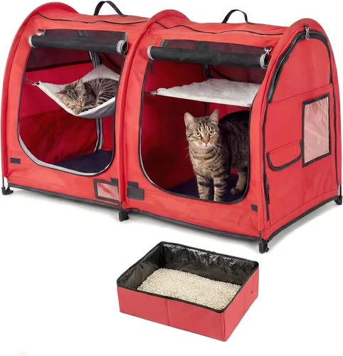 Vista 13 de Mispace - Jaula portátil de doble compartimiento para exposición, para gatos, cómoda jaula de viaje para perros con bolsa de transporte, 2