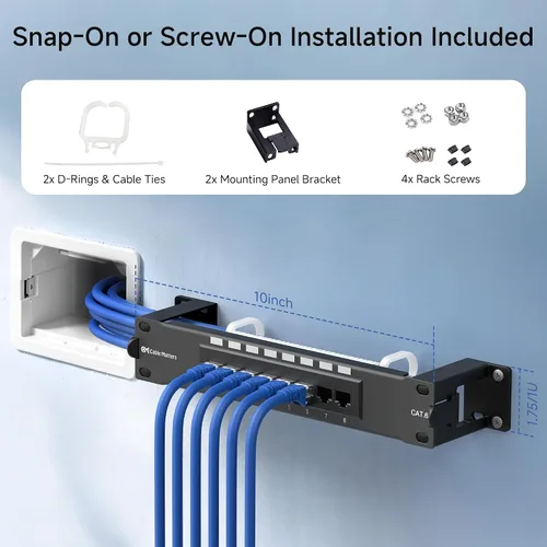 Vista 5 de [Listado UL] Cable Matters Mini panel de conexión de 8 puertos con soporte 89D de montaje, panel de conexión compacto de 10 pulgadas para montaje