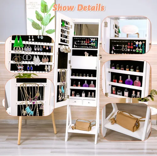 Vista 5 de KEDLAN Armario de joyería con espejo LED de pie, organizador de joyas con cerradura, armario grande de longitud completa con cajones, organizador