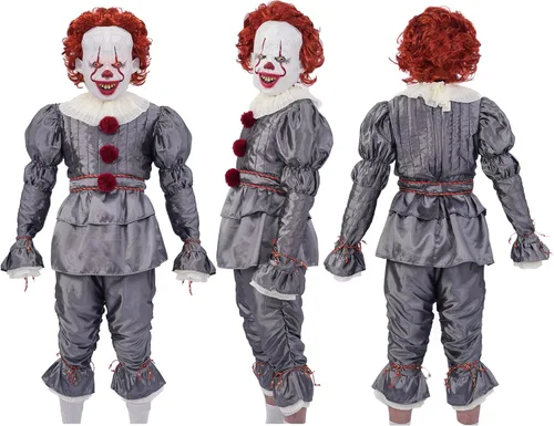 Vista 2 de Disfraz de payaso de Halloween para adultos o niños, disfraz de payaso espeluznante que incluye máscara aterradora, globos, disfraz completo