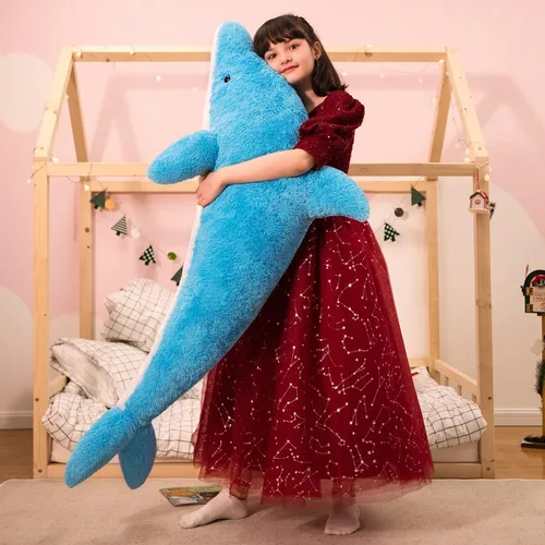 Vista 2 de MorisMos Animales de peluche gigantes de delfín de 55 pulgadas, juguete de peluche grande de delfín azul suave, regalos marinos de océano para niños