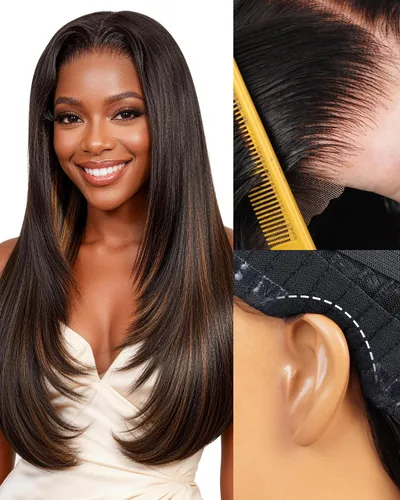 Vista 20 de TESLAL - Peluca de mezcla de cabello humano lacio rubio ceniza de encaje de 6 x 6 pulgadas, sin pegamento, 20 pulgadas Premium Fiber Blend Human
