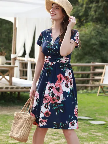 Vista 4 de OUGES - Vestido corto de verano para mujer manga corta cuello en V estampado floral con bolsillos para fiesta