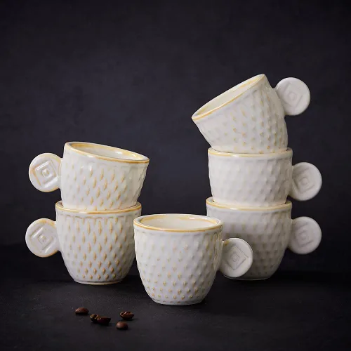 Vista 4 de Juego de 6 tazas de café espresso vintage, tazas Demitasse de 3 onzas, tazas de café espresso pequeñas de cerámica en relieve únicas en relieve Crema