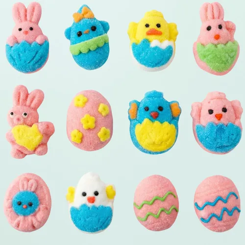 Vista 4 de Gomitas de malvavisco de Pascua, 10 diseños diferentes, 4.5 onzas, gomitas envueltas individualmente en bolsa, sin gluten, sin diario, perfectas