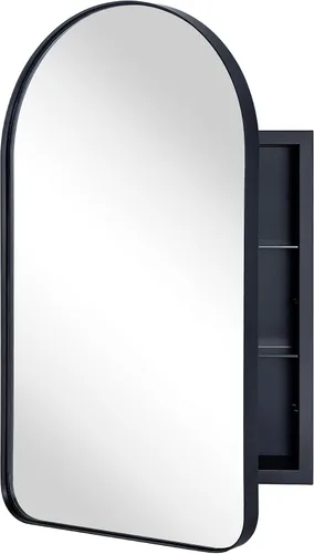Vista 14 de Botiquín de baño empotrado en arco dorado cepillado con espejo de acero inoxidable con marco de metal rectangular con espejo de 16 x 28.3 pulgadas