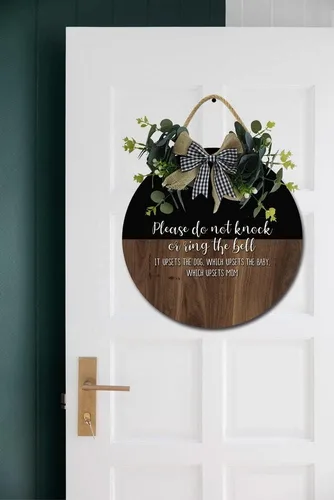 Vista 3 de Letrero para puerta delantera, coronas divertidas, decoración de placa de madera para colgar, decoración redonda de madera rústica, decoración