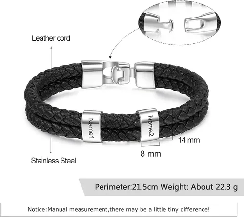 Vista 2 de Pulseras de cuero personalizadas para hombre, pulsera con nombre para papá, grabado gratuito, cuentas de nombre de familia, pulseras