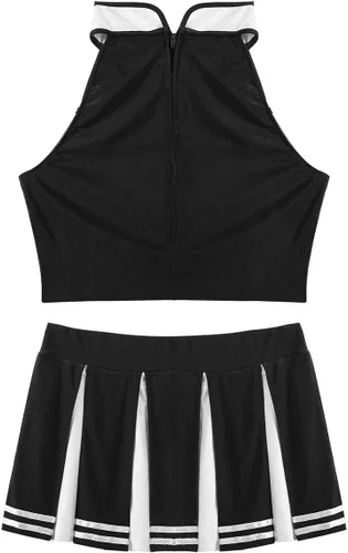 Vista 5 de 2 piezas de uniforme de animadora para mujer, disfraz de juego de rol, tops cortos con faldas plisadas