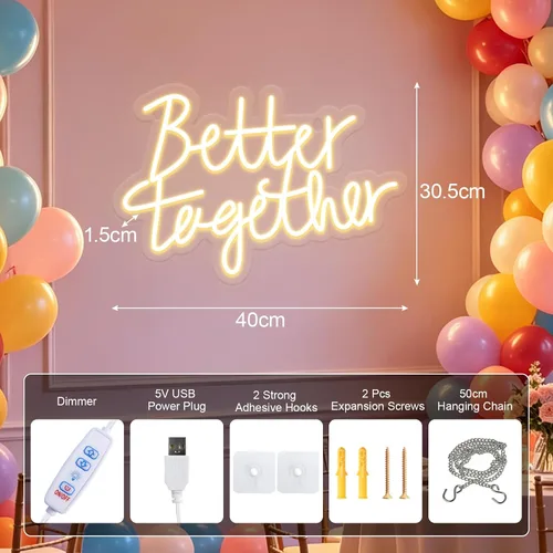 Vista 3 de Letrero de neón con texto en inglés "Better Togethers", decoración de pared para boda, dormitorio, Navidad, día de San Valentín, regalo