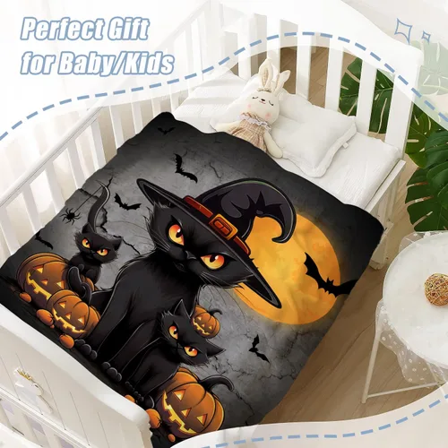 Vista 4 de Manta de Halloween para bebé, mascota pequeña, manta espeluznante de calabazas negras para gatos, manta para cuna, cochecito, decorativa, ligera