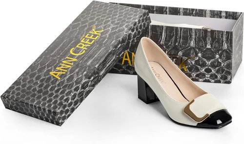 Vista 8 de ANN CREEK Zapatos de tacón bajo para mujer, zapatos de oficina elegantes de dos tonos, punta cuadrada, tacón grueso de 2.4 pulgadas, sin cordones