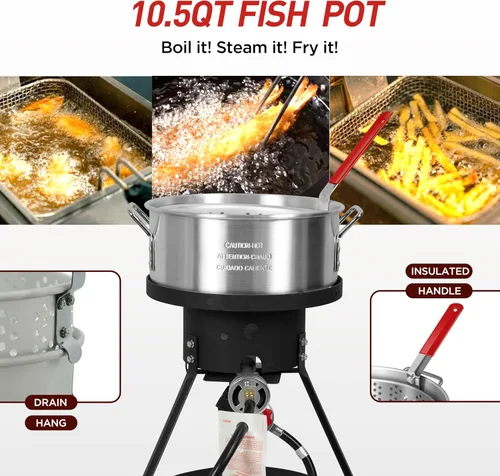 Vista 7 de Freidora de Propano al Aire Libre de 10.5 Cuartos de Galón de Red Mountain Valley con Cesta Filtro de Aluminio y Termómetro para Freír Pescado