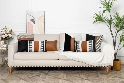 Vista 7 de Funda de almohada lumbar decorativa a rayas 12x20 negro, blanco